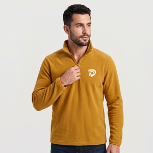 Dumela Men's Mustard Fleece <b>Quarter</b> <b>Zip</b> Pullover With <b>White</b> Logo Front Print Regular Fit Casual Autumn Wear - Product Image 5