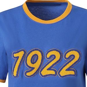Royal Blue <b>Gold</b> 1922 Chenille Premium Ringer <b>Shirt</b> Short Sleeve Crew Neck Contrast Trim Graphic T <b>Shirt</b> Casual Fraternity Team - Product Image 3