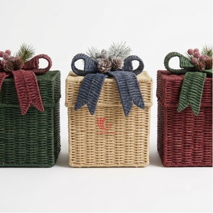Cesta de regalo de mimbre navideña, cesta de almacenamiento ecológica con lazo de cinta para decoración del hogar y fiestas - Product Image 3