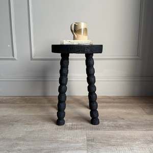 Black Hand Carved Wooden <b>Stool</b> Rustic Round Side Table Modern Tribal Accent End Table Furniture Decor - Product Image 4