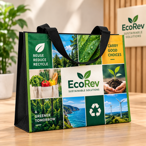 Bolsa de tela reutilizable EcoRev con logotipo personalizado, diseño de hojas, serigrafía, asa larga para compras y negocios (ECO55) - Product Image 5