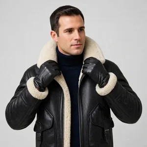 Veste bomber en peau de mouton noire pour homme B3 |   Veste de pilote en peau de mouton RAF pour homme |   Blouson aviateur en cuir noir pour homme - Product Image 1