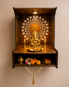 Mandir Om de Madera Hecho a Mano con Luz LED, Mandala de Loto Cortado con Láser, Templo de Puja, Altar Cerrado para el Hogar, Acabado en Madera de Teca, 39x30x24 cm - Product Image 1