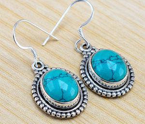 Pendientes Colgantes de Plata con Turquesa, Pendientes de Turquesa con Cabujón Ovalado, Pendientes Colgantes Boho Hechos a Mano, Joyería Tribal Vintage - Product Image 1