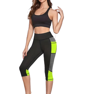 High Waist Color Blocked Yoga Leggings Knee Length Mesh Panel Spandex Polyester Four-Way Stretch Women's Fitness <b>Pants</b> - Product Image 3