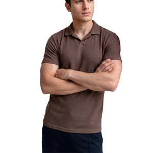 Chemise Homme Marron en Maille Gaufrée Col Rond Manches Classiques Coupe Droite Décontractée Soie/Coton Respirante Couleur Unie Anti-Plis - Product Image 3