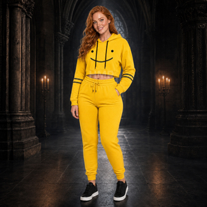 HMR Sorority Sisterhood Yellow Cropped Hoodie Jogger <b>Set</b> Smiley Face Printed Two Piece Tracksuit Custom Casual Sportswear - Product Image 3