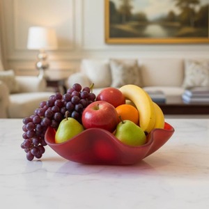 Bol à fruits en verre rouge de luxe, décoratif, à bord ondulé, pour service, centre de table, rangement, pièce de décoration esthétique, Art HD - Product Image 1