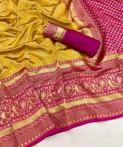 NUEVO SAREE DE SEDA LICHI CON RICHO TRABAJO DE JACQUARD Y BLOUSE SIN COSTURAR 85031 AMARILLO Sarees indios para mujer - Product Image 3