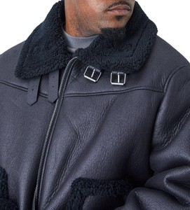 Men's Black <b>Shearling</b> Leather <b>Jacket</b> Winter Aviator <b>Bomber</b> with Fur Collar Buckle Straps and Warm Fleece Lining - Product Image 3