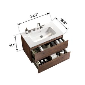 Mobile bagno sospeso in noce da 76 cm con ampio spazio contenitivo, lavabo in ceramica e tre fori per rubinetteria - Product Image 6