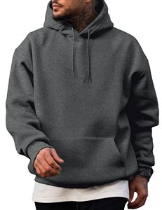 Sweat-shirt à capuche oversize pour homme, gris uni, en coton, décontracté, avec poches, pour l'automne, en molleton de coton épais personnalisé - Product Image 1
