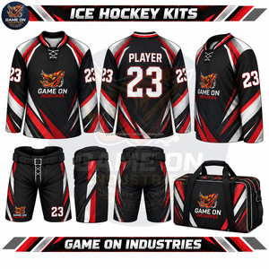 Ensemble de vêtements de hockey sur glace personnalisés à sublimation numérique, maillot à manches longues, pantalon rembourré, sacs d'équipement assortis, 100% coton, vente chaude - Product Image 5