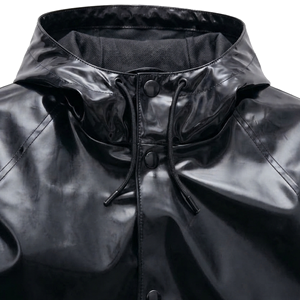 Black <b>Hooded</b> Long PU <b>Raincoat</b> Waterproof Casual Coat <b>With</b> Button Closure Unisex Spring Wear - Product Image 6