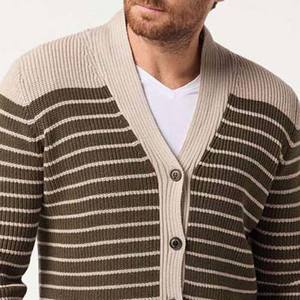 Breathable Polyester Stylish Knitted Brown Striped <b>Cardigan</b> <b>Sweater</b> Soft Knit Fabric Lightweight Superior Outerwear Comfortable - Product Image 2