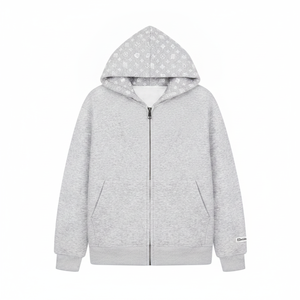 Sudadera con capucha gris jaspeado premium con cremallera y forro de capucha con monograma impreso - Chaqueta de algodón de alta calidad estilo streetwear - Product Image 5