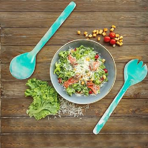 Ensemble de 2 cuillères à salade en résine marbrée turquoise, ustensiles de cuisine légers - Product Image 1