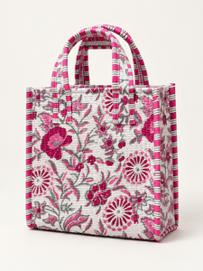 Sac fourre-tout matelassé en coton pour femme Veer Handicrafts QB-002, imprimé palmiers tropicaux rayés bleus, poignées vertes, fermeture éclair, plage - Product Image 1