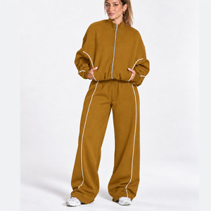Wholesale <b>Women</b> Contrastline Zip <b>Jacket</b> Tracksuit Set Casual Two Piece Outfit Relaxed Fit Wide Leg Pants Matching Clothing - Product Image 1