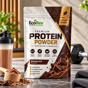 Sac de nutrition sportive personnalisé EcoRev, résistant à l'humidité, avec bec verseur, fermeture éclair, finition mate, sérigraphié, pour protéines de lactosérum - Product Image 4
