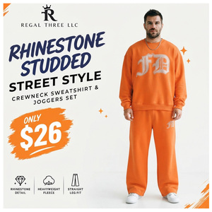 <b>Men</b>’s Heavyweight <b>Fleece</b> Tracksuit Set Custom Rhinestone Printed Sweatshirt & <b>Jogger</b> Pant Set Heavyweight Cotton <b>Fleece</b> Trackset - Product Image 1
