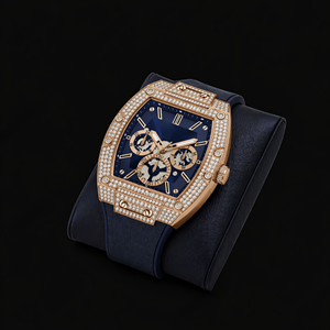 Montre Tonneau en Or Rose et Diamants, Cadran Bleu, Style Chronographe de Luxe, Montre-Bracelet Premium, Bijou Tendance, Collection Horlogère - Product Image 1