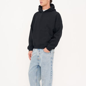 Sudadera con Capucha Negra Extra Grande para Hombre, Color Sólido, Tejido de Algodón, Corte Casual, Largo Regular, Diseño con Bolsillos, Ropa de Otoño - Product Image 4