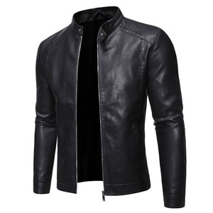 Veste en cuir noire pour homme, fermeture éclair, coupe slim, style motard, pour l'automne, longueur normale, couleur unie. - Product Image 1