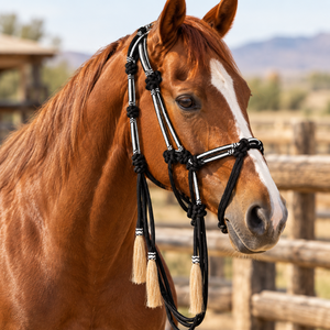 Cabestro de cuerda trenzada negra con borlas de crin de caballo |   Cabestro Ecuestre Occidental Anudado para Entrenamiento, Equitación, Rancho y Establos - Product Image 4
