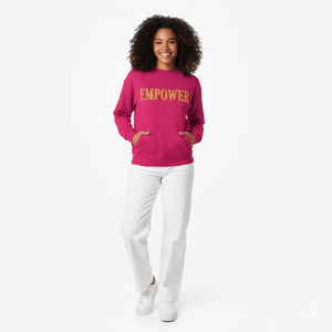 Conjunto de Pantalones Blancos y Sudadera de Forro Polar para Mujer, Cuello Alto, Manga Larga, Estampado Empower, Ropa Casual, Ajuste Regular, Todas las Temporadas - Product Image 1