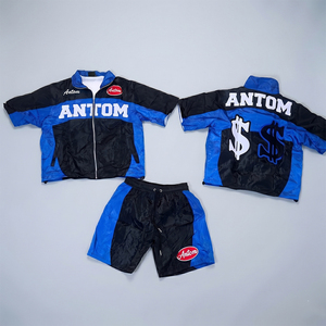 Ensemble short et veste coupe-vent à capuche zippée en coton 100 % de qualité supérieure, décontracté, uni, léger, deux pièces pour homme - Product Image 1