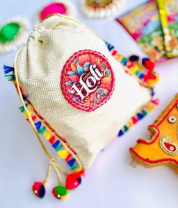 Sac Potli Festif Holi Fait Main avec Cordon de Serrage, Pochette Cadeau en Coton et Lin Ethnique avec Pompons Colorés pour Bonbons - Product Image 2