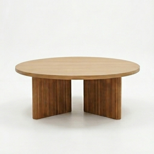 Table basse moderne ronde en teck massif avec base cannelée, fabriquée à la main, écologique, pour le salon. - Product Image 4