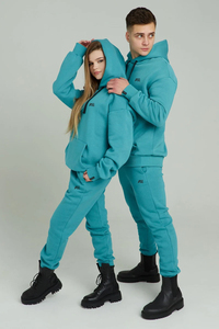 Private <b>Label</b> 100% Cotton Matching Men Women Turquoise Hooded Sweatsuit Set Fleece Jogger Tracksuit OEM Manufacturer - Product Image 4