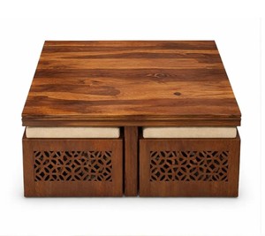 Table basse en bois massif avec plateau à lattes et 4 tabourets rembourrés |   Table basse empilable gain de place |   Exportation de Jodhpur - Product Image 2