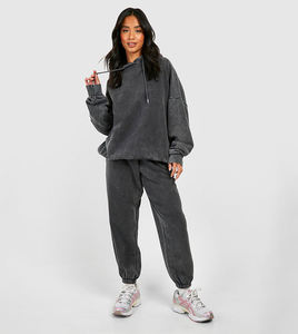 Women's <b>Charcoal</b> Grey Wash Oversized Hooded Sweatshirt & Cuffed <b>Jogger</b> Pants Solid Eco-Friendly Tracksuit Set Activewear Outfit - Product Image 1