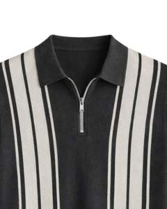 Polo de punto de manga corta para hombre, negro, con cremallera de un cuarto y rayas blancas verticales, informal, personalizado, de verano, del fabricante. - Product Image 4