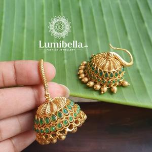 Matte Gold Plated Zircon and Pearl Drop Jhumkas for Party - Product Image 3