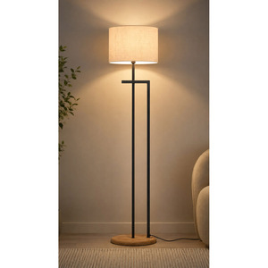 Lampadaire scultorel nordique en bois perlé avec abat-jour conique en lin, lampe sur pied vintage en bois à bobines superposées pour un intérieur de luxe - Product Image 3