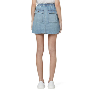 Mini-jupe en jean bleu clair à taille élastique avec cordon de serrage, mélange de coton, poche plaquée avant, coupe décontractée, durable, pour l'été - Product Image 2