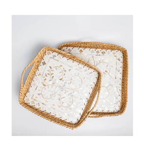 Bandeja de servir de nácar con diseño de ratán, artesanía redonda, elegante bandeja para servir alimentos, proveedor mayorista - Product Image 2