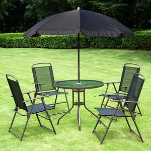 6 Piece Patio <b>Dining</b> Set for 4 Round Glass <b>Table</b> with Umbrella and 4 <b>Folding</b> <b>Dining</b> Chairs Outdoor Garden Set - Product Image 2