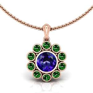Collar con Halo de Esmeralda y Zafiro Azul, Plata 925, Oro 14K, Bañado en Rodio y Oro Rosa, Joyería con Colgante - Product Image 6