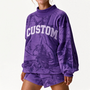 <b>Women</b>’s Custom Printed Oversized <b>Shorts</b> Two Piece Casual Outfit <b>Long</b> Sleeve High Neck Wholesale Clothing Style <b>Women</b> Set - Product Image 1