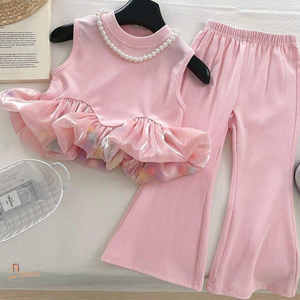 Conjunto de Dos Piezas para Niñas, Estilo Vintage, Top Recto Sólido + Pantalones de Campana con Botones - Product Image 1