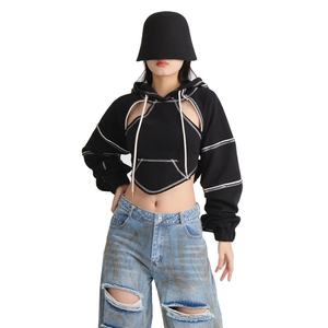 Trendy Stylish Women Cut Out Cropped Hoodies Fashion Streetwear Long Sleeve Contrast <b>Stitch</b> Custom Scarf-Hoodie OEM Manufacturer - Product Image 1