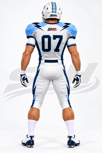 Uniforme de football américain personnalisé blanc marine pour hommes, maillot sublimé à col en V avec pantalon de jeu rembourré, numéro personnalisé, kit d'équipe - Product Image 5