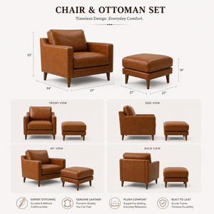 Luxury Cognac Brown Leather Armchair with Ottoman Mid Century Modern Reading Chair for Lounge Room Leather Accent Chair Ottoman - Product Image 3