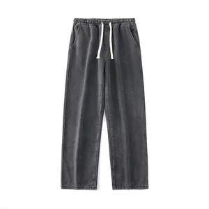 Mens Mid Rise <b>Elastic</b> <b>Waist</b> Straight <b>Jeans</b> Drawstring Breathable Washed Denim Patchwork Pants Streetwear Trousers 100% Cotton - Product Image 1