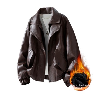 Blouson en cuir pour homme, coupe ajustée, coupe-vent, avec fermeture éclair, col à revers, décontracté, en PU fin, court - Product Image 4